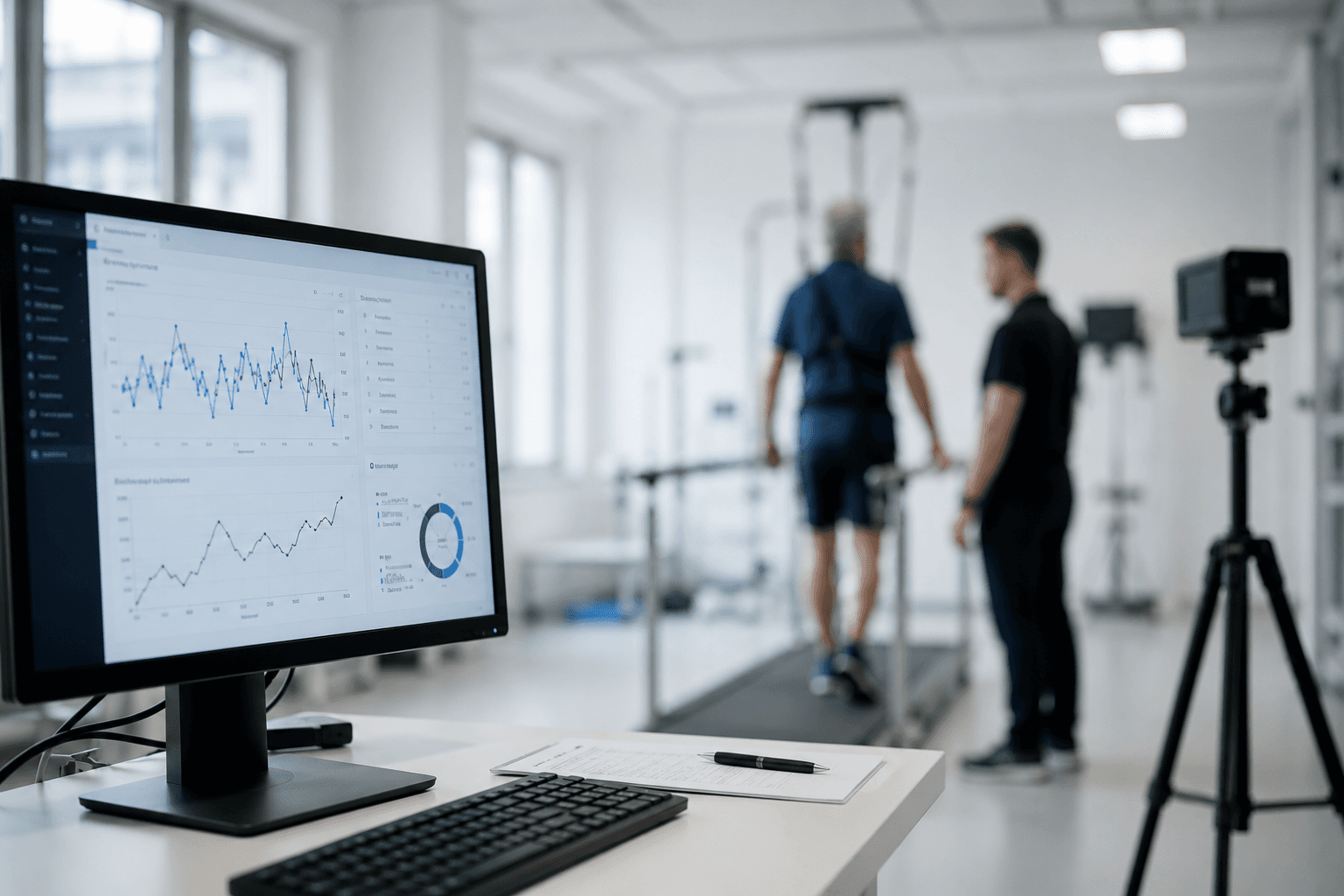 Bewegungsanalyse im Labor: Ein Patient trainiert den Gang, während die Daten auf einem Monitor ausgewertet werden.